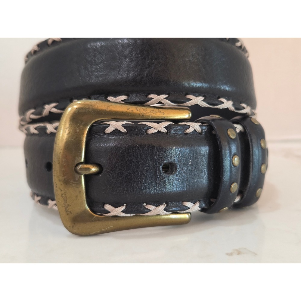 Olga Santini Leather Belt S Black Whipstitch Studded Brass Buckle Vintage Italy